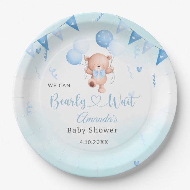  Teady Baby Bear watercolor Boho Blue Balloons Paper Plates (Front)