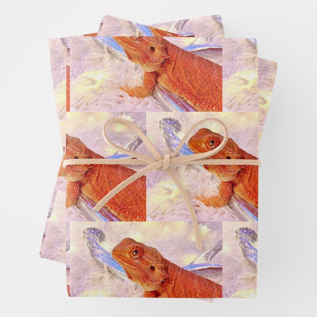 Teak the Bearded Dragon & Silver Deer Antlers Wrapping Paper Sheets (In situ)