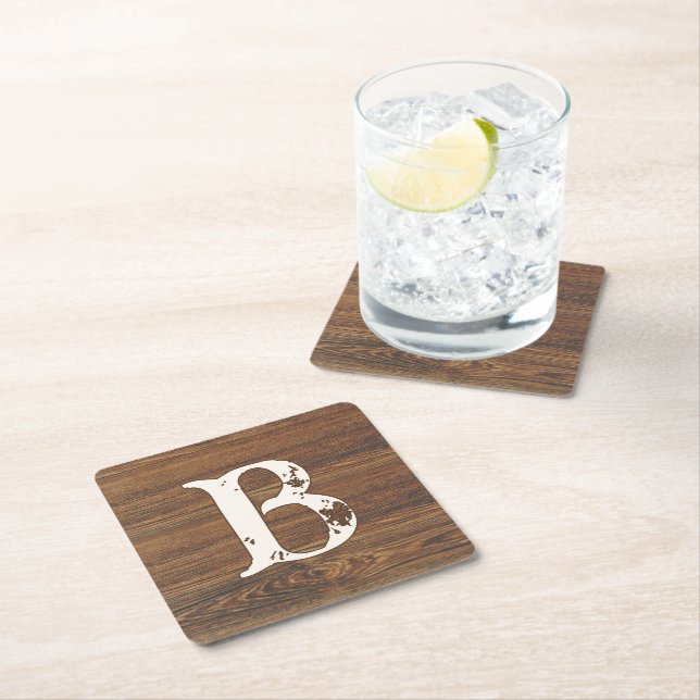 Teak Wood Grain with Monogram Square Paper Coaster (Insitu)