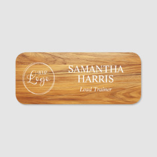Teak Wood Image Logo White Text Name Tag