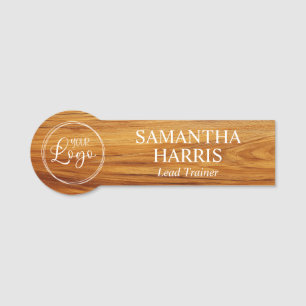 Teak Wood Image Logo White Text Name Tag