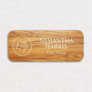 Teak Wood Image Logo White Text Name Tag