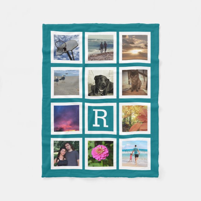 Teal 11 Photo Collage Mosaic Square Frame Monogram Fleece Blanket (Front)
