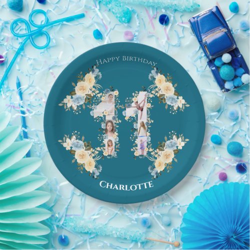 Teal 11th Birthday Photo Collage Yellow Flower Paper Plates