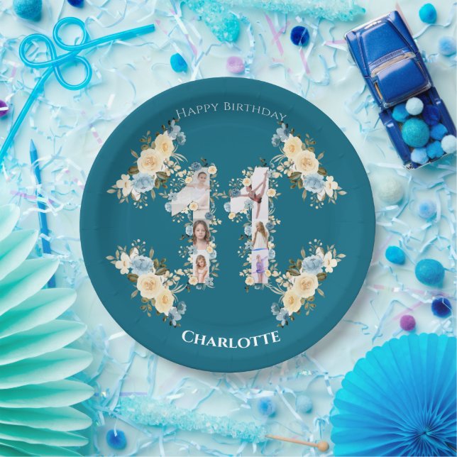 Teal 11th Birthday Photo Collage Yellow Flower Paper Plates (Party)