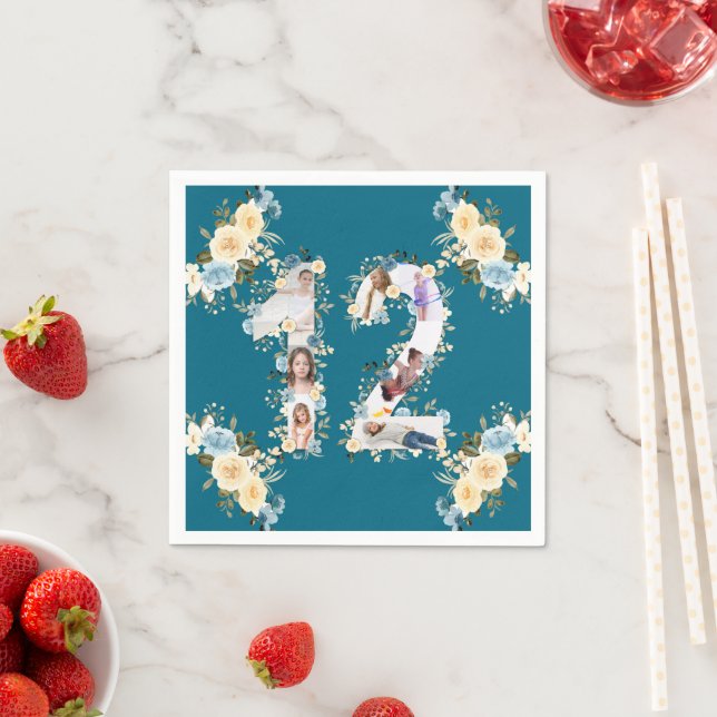 Teal 12th Birthday Photo Collage Yellow Flower Napkins (Insitu)