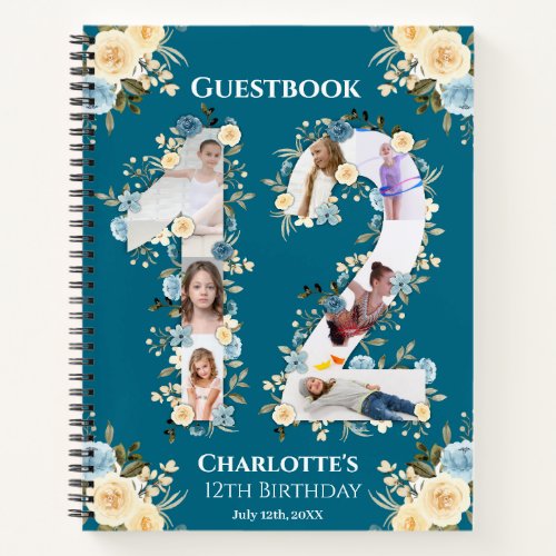 Teal 12th Birthday Photo Yellow Flower Guest Book