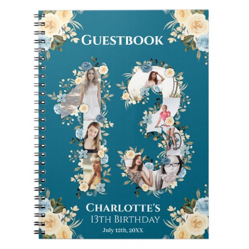 Teal 13th Birthday Photo Yellow Flower Guest Book