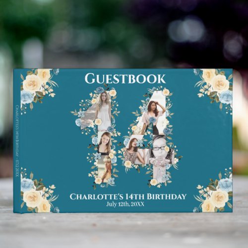 Teal 14th Birthday Photo Collage Yellow Flower Guest Book