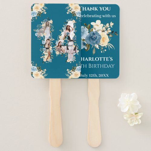 Teal 14th Birthday Photo Collage Yellow Flower Hand Fan