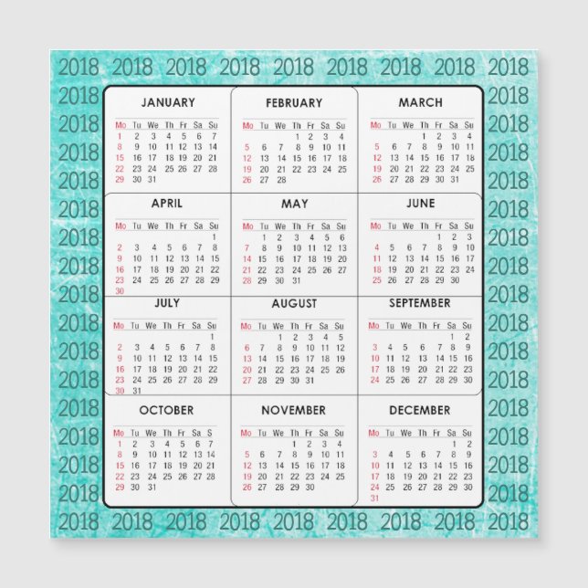 Teal  2018 Calendar Square Magnetic Card (Front)