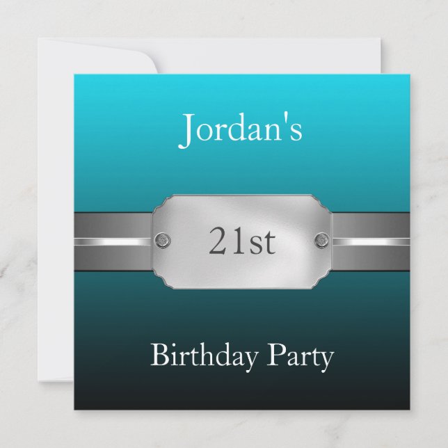 Teal 21st Elegant Male Birthday Invitation (Front)