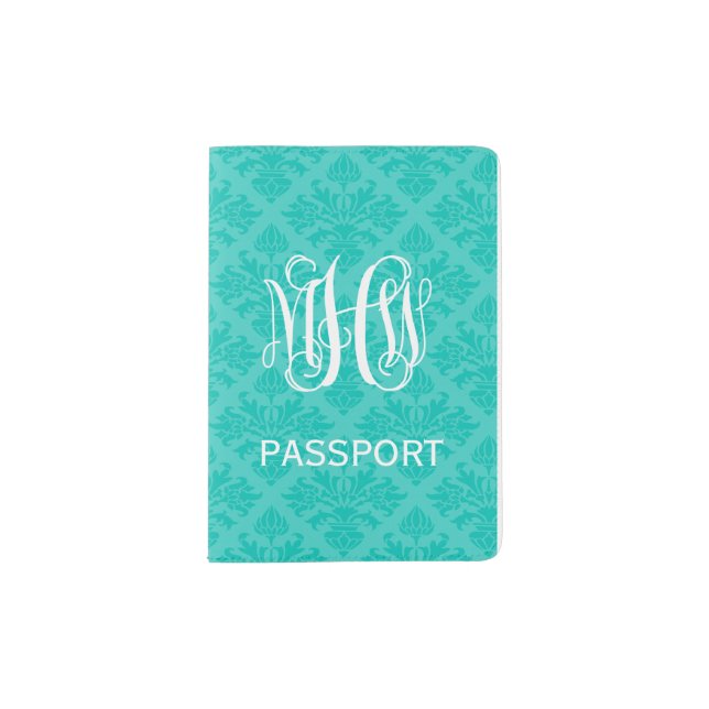 Teal 2 Tone Damask #3 Vine Script Monogram Passport Holder (Front)