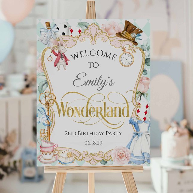 Teal 2nd birthday Alice Wonderland Welcome sign (Teal, Alice in Wonderland, Girl 1sn birthday welcome sign)