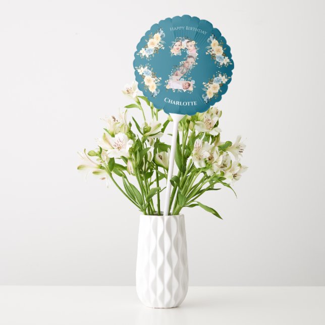 Teal 2nd Birthday Photo Collage Blue Yellow Flower Balloon (Vase)