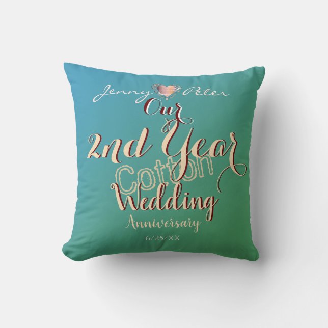 Teal 2nd Year Cotton Wedding Anniversary Throw Pillow (Front)