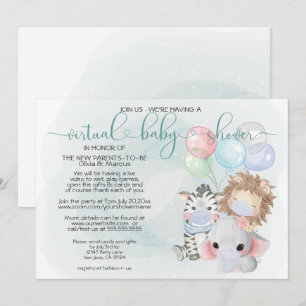Teal 3 Cute Animals in Masks Virtual Baby Shower Invitation