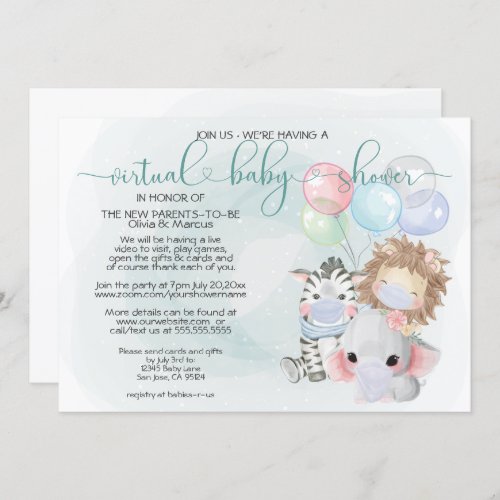 Teal 3 Cute Animals in Masks Virtual Baby Shower Invitation