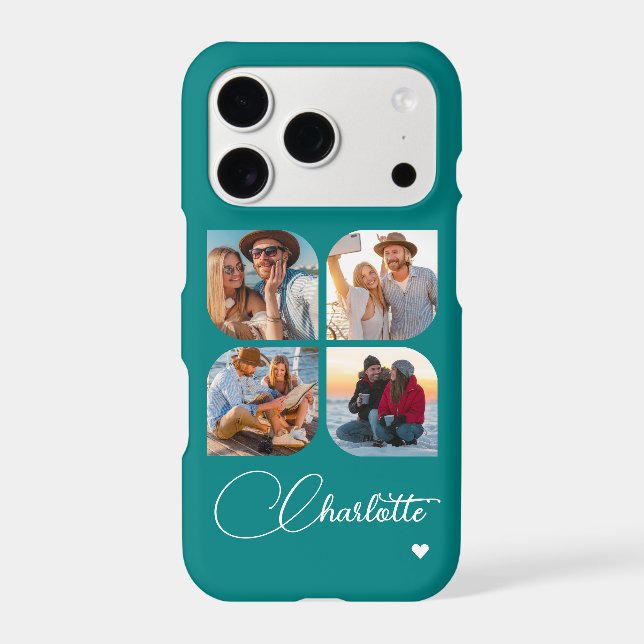 Teal 4 Photo Personalized Name Case-Mate iPhone Case (Back)