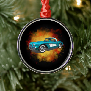 Teal 59 Corvette Car Red Explosion background Metal Ornament