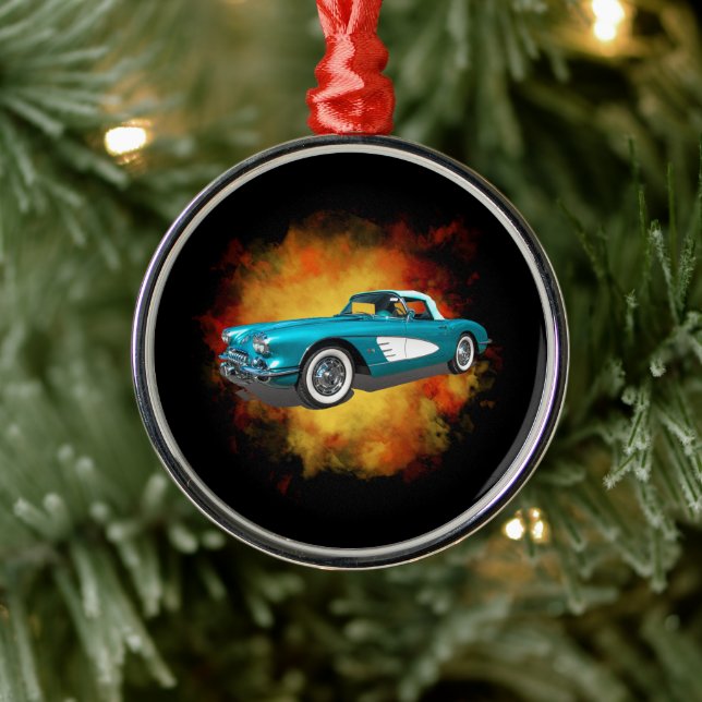 Teal 59 Corvette Car Red Explosion background Metal Ornament (Tree)