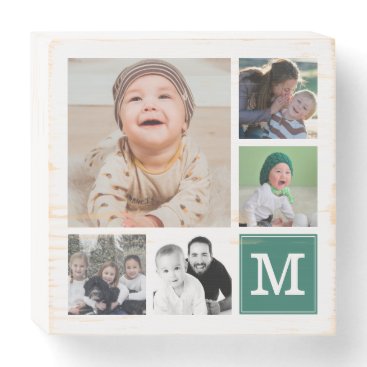 Teal 5  Photo Collage Instagram Gallery Monogram Wooden Box Sign
