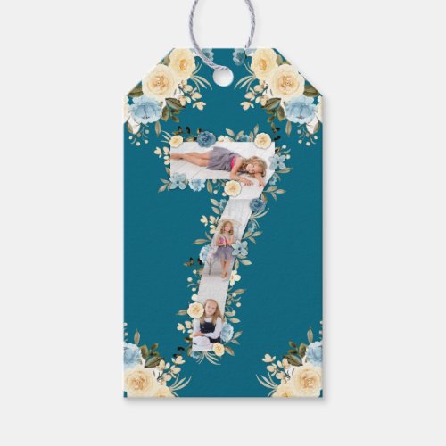 Teal 7th Birthday Photo Collage Blue Yellow Flower Gift Tags