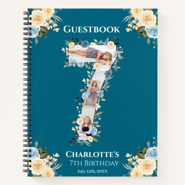 Teal 7th Birthday Photo Yellow Flower Guest Book (Front)
