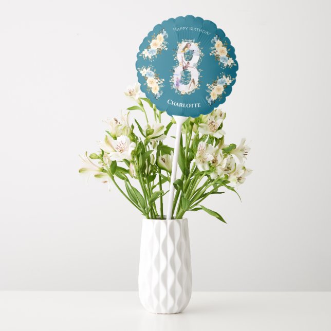 Teal 8th Birthday Photo Collage Blue Yellow Flower Balloon (Vase)