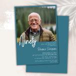 Teal 90th Birthday Photo Invitation<br><div class="desc">Photo modern minimalist teal and white 90th birthday party invitation for a fun birthday party. Age can be changed. This invitation is simple and elegant, adult milestone birthday invitation for men and women. The teal and white background color can be changed to any color of your choice using the design...</div>