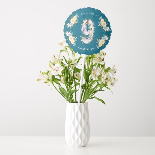 Teal 9th Birthday Photo Collage Blue Yellow Flower Balloon (Vase)