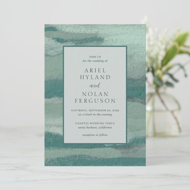 Teal Absract Coastal Chic Modern Wedding Invitation (Standing Front)