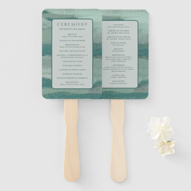 Teal Absract Coastal Chic Modern Wedding Program Hand Fan (Front and Back)