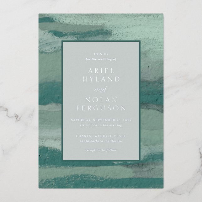 Teal Abstract Coastal Chic Modern Wedding Foil Invitation (Front)
