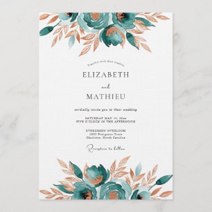 Teal Abstract Floral Romance Wedding Invitation
