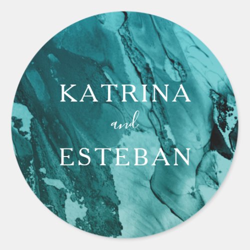 Teal Abstract Painting Wedding Favor Classic Round Sticker