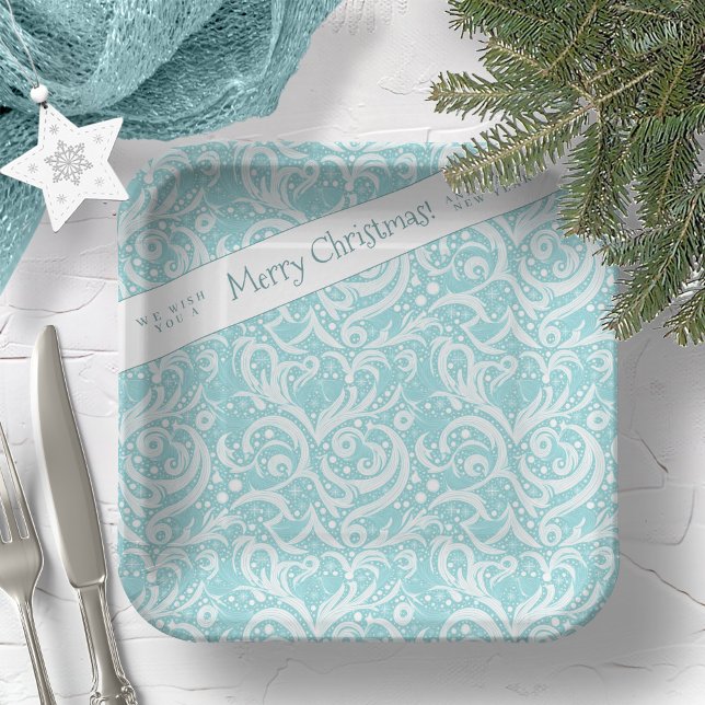 Teal Abstract Snowflake Pattern#10 ID1009 Paper Plates (Creator Uploaded)