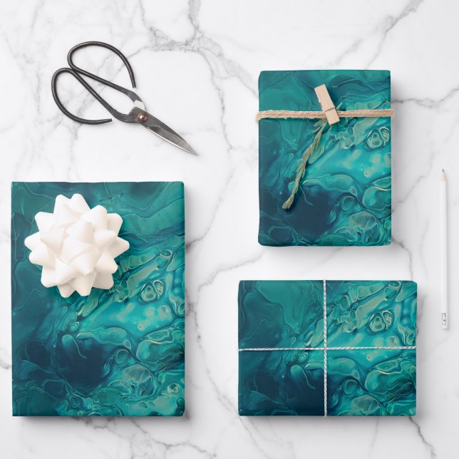 Teal Acrylic Pouring Abstract Fluid Art  Wrapping Paper Sheets (Front)