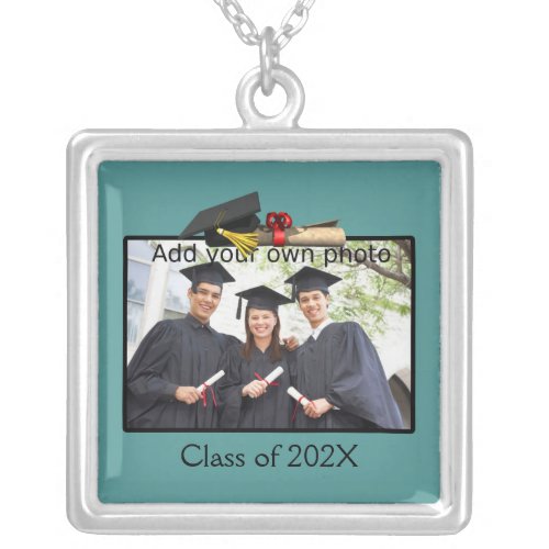 Teal Add your Photo  Year Graduation Silver Plated Necklace