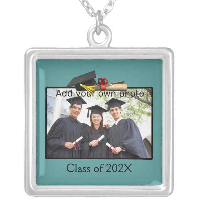Teal Add your Photo / Year Graduation Silver Plated Necklace (Front)