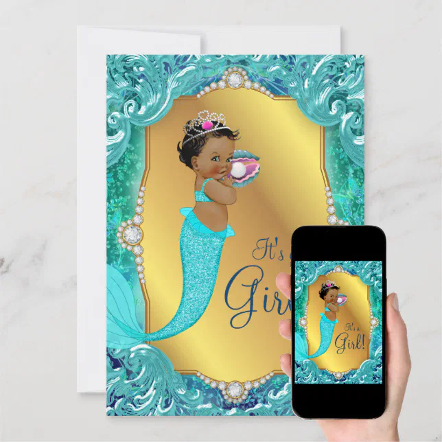 Teal African American Mermaid Sea Baby Shower Invitation Zazzle