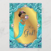 Teal African American Mermaid Sea Baby Shower Invitation