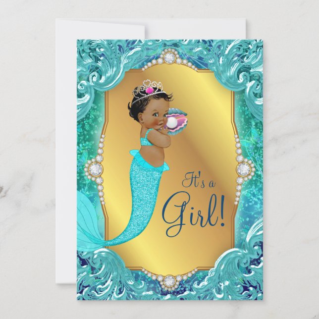 Teal African American Mermaid Sea Baby Shower Invitation (Front)