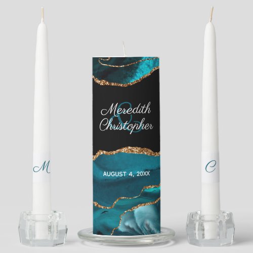 Teal Agate Chic Gold Glitter Wedding Unity Candle Set