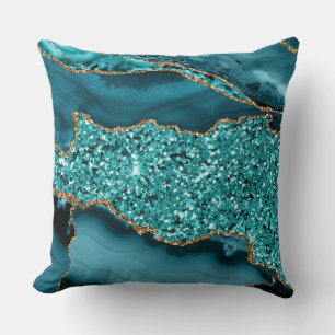 Teal Agate Geode Glitter Gold Abstract Design Throw Pillow