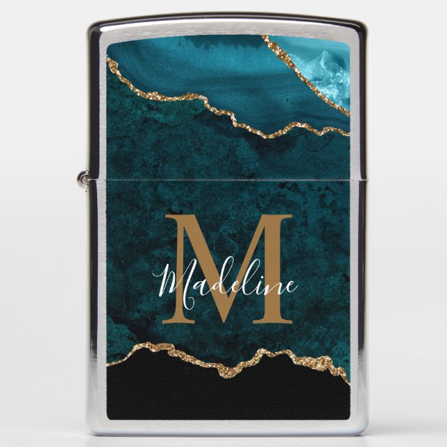 Teal Agate Geode Gold Monogram Script Typography Zippo Lighter (Front)