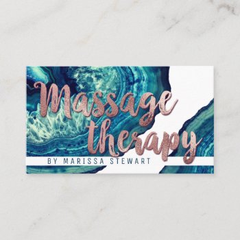 Teal Agate Geode Stone Rose Gold Massage Therapist Business Card by BlackStrawberry_Co at Zazzle