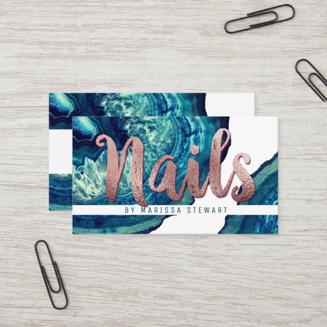 Teal Agate Geode Stone Rose Gold Nail Technician Business Card (Front/Back In Situ)