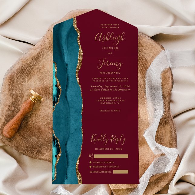 Teal Agate Gold Burgundy Wedding All In One Invitation (Creator Uploaded)