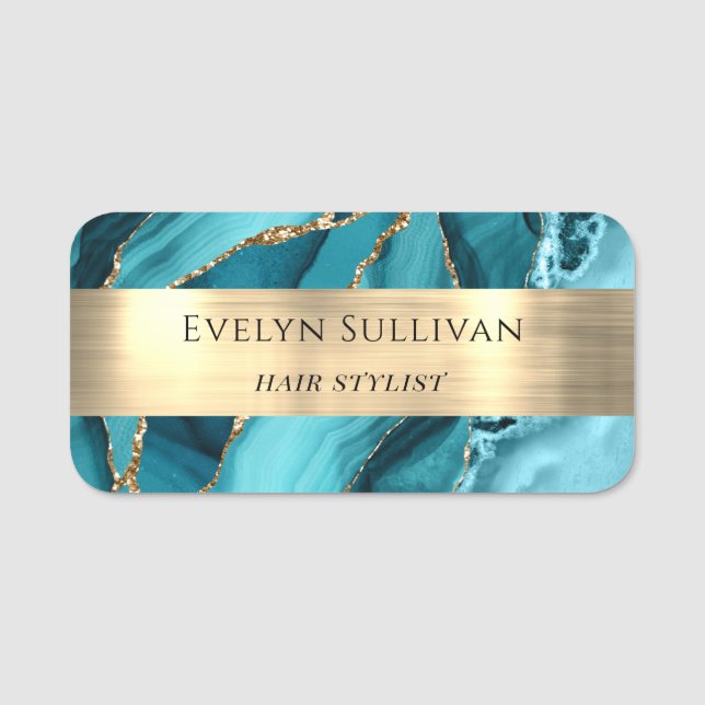 Teal Agate Gold Foil Name Tag (Front)